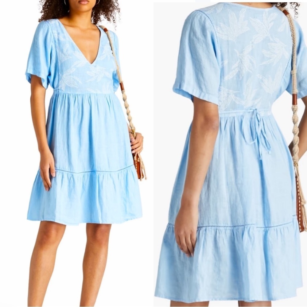 120% Lino Blue Tiered Glitter Mini Dress Palm Print